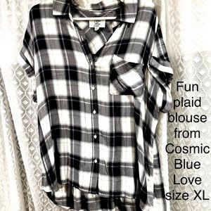 Cosmic Blue plaid shirt.